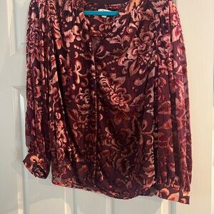 Chico'sBurgandy burnout Blouse with Long Sleeves and Flowing Design